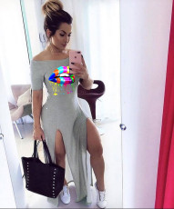 Lips Print Slash Neck High Split Long Dress MIL-118