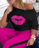 Plus Size Casual Lip Print T Shirt Long Pants Two Piece Set AIL-099