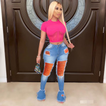 Denim Ripped Hole Skinny Flared Jeans Pants HMS-5323