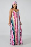 Colorful Striped Sashes Loose Maxi Slip Dress XMY-9034