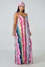 Colorful Striped Sashes Loose Maxi Slip Dress XMY-9034
