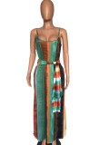 Colorful Striped Sashes Loose Maxi Slip Dress XMY-9034