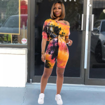 Tie Dye Print Oblique Shoulder Two Piece Shorts Set XMY-9235