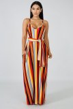 Colorful Striped Sashes Loose Maxi Slip Dress XMY-9034