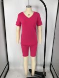 Solid V Neck T Shirt Shorts Two Piece Suits XMY-9240
