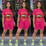 Plus Size 4XL Lips Letter Print Two Piece Shorts Set FSL-090