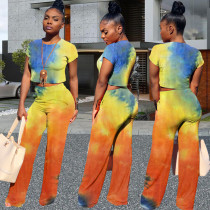 Plus Size Tie Dye Short Sleeve Two Piece Pants Set WAF-7020