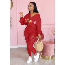 Letter Print Long Sleeve Hole Pants 2 Piece Sets WSM-5177