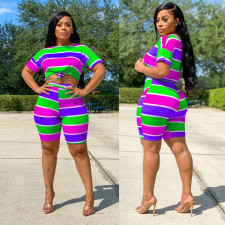 Fashion Casual Stripe T-shirt Shorts Two Piece Set LX-6870