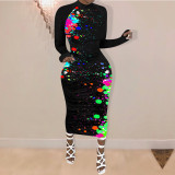 Plus Size 4XL Graffiti Print Long Sleeve Maxi Dress NIK-150
