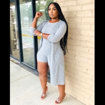 Plus Size Solid Rib Sleeveless Romper+Long Cloak 2 Piece Sets MDF-5153