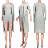Plus Size Solid Rib Sleeveless Romper+Long Cloak 2 Piece Sets MDF-5153