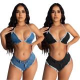 Sexy Denim Bra Top Mini Shorts Two Piece Sets BS-1214