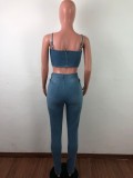 Casual Sexy Cartoon Patch Spaghetti Straps Crop Top Jeans Pants Suit OSM-3283