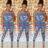 Casual Sexy Cartoon Patch Spaghetti Straps Crop Top Jeans Pants Suit OSM-3283
