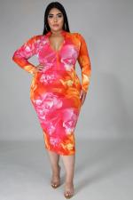 Plus Size 5XL Printed Long Sleeve Midi Dress BMF-003