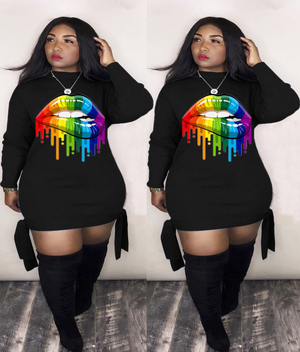 Plus Size Lips Print Long Sleeve Mini Dress LM-8173