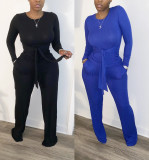 Solid Rib Long Sleeve Two Piece Pants Set WSM-5185