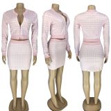 Plaid Print Long Sleeve Zipper Mini Skirt 2 Piece Sets LM-8177