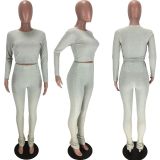 Solid Long Sleeve High Waist Pants Two Piece Sets LM-8175