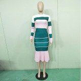 Stripe Patchwork Long Sleeve Midi Skirt 2 Piece Sets BN-9116