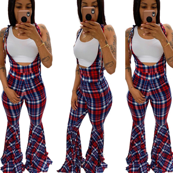 Plaid Print Strappy Flared Jumpsuits BN-9198