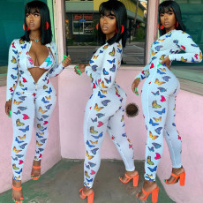 Butterfly Print Zipper Skinny Jumpsuit Without Bra BGN-101