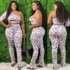 Plus Size Butterfly Print One Shoulder 2 Piece Pants Set XMY-9258
