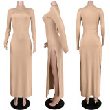 Sexy Rib High Split Long Sleeve Maxi Dress ASL-6296