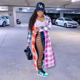 Colorful Plaid Print Notched Neck Long Coat GLF-8031