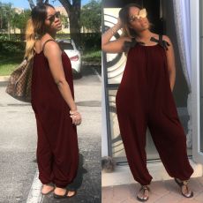 Plus Size Sexy Loose Bow Straps Pockets Jumpsuit OD-8169