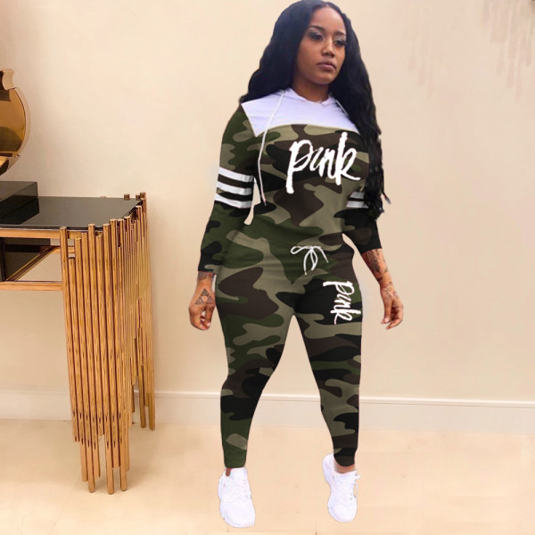 Pink Letter Print Camo Hooded Two Piece Sets TK-6062