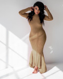 Solid Color Rib Sexy Long Sleeve Maxi Dress MIL-067-1
