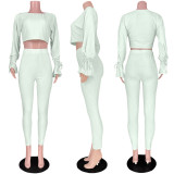 Solid Rib Long Sleeve Two Piece Pants Set ASL-6300
