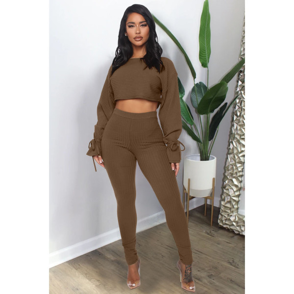 Solid Rib Long Sleeve Two Piece Pants Set ASL-6300
