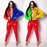Plus Size Contrast Color PU Leather Zipper Winter Down Jacket GLF-8037