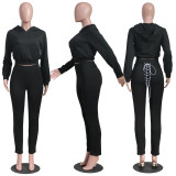 Solid Hoodies Lace Up Sweatpants Two Piece Sets YS-8711