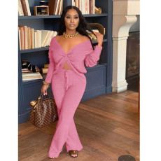 Solid Rib Long Sleeve Two Piece Pants Set TK-6127