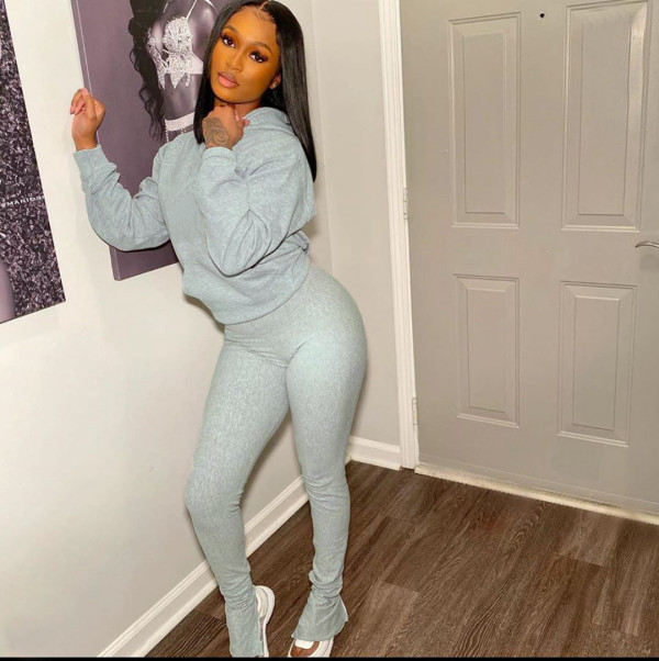 Solid Hoodies Split Pants Two Piece Suits LM-8198