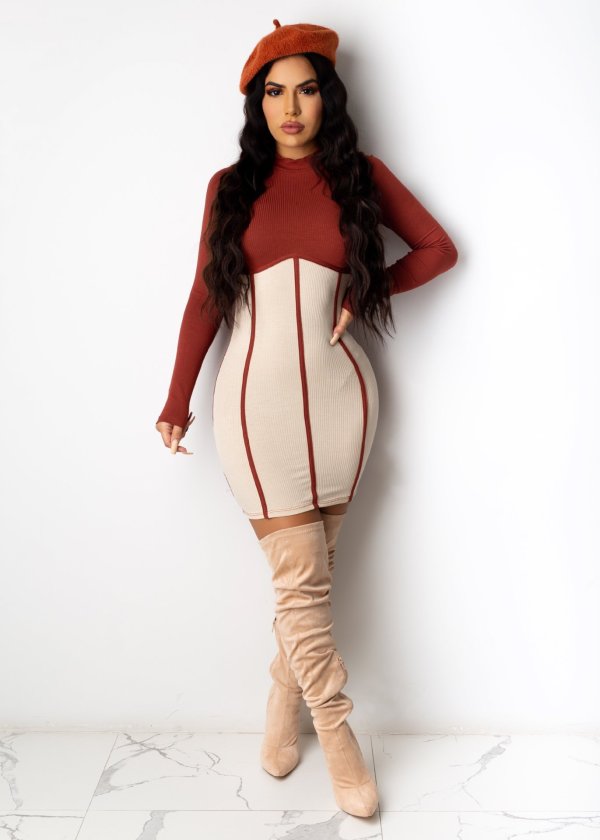 Elegant Ribbed Patchwork Long Sleeve Mini Dress CHY-1260