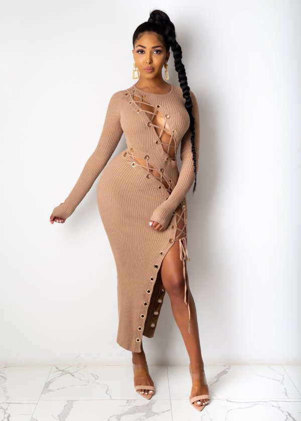 Sexy Long Sleeve Lace Up Slim Maxi Dress CHY-1266