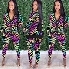 Leopard Print Long Sleeve Two Piece Pants Set MEM-8307
