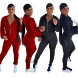 Solid Color Ruched Sports Zipper Coat And Pants Suit XYF-9062