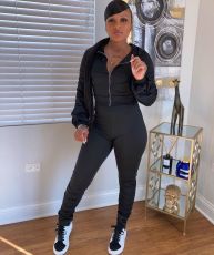 Solid Color Ruched Sports Zipper Coat And Pants Suit XYF-9062