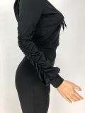 Solid Color Ruched Sports Zipper Coat And Pants Suit XYF-9062