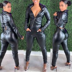 Sexy PU Leather Lace Up Long Sleeve 2 Piece Sets MEM-8308
