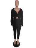 Solid V Neck Long Sleeve Two Piece Pants Set MEM-8311