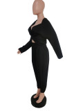 Solid V Neck Long Sleeve Two Piece Pants Set MEM-8311