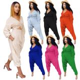 Solid V Neck Long Sleeve Two Piece Pants Set MEM-8311