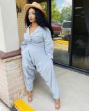 Solid V Neck Long Sleeve Two Piece Pants Set MEM-8311
